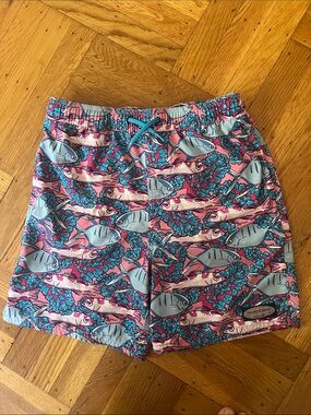 Vineyard Vines Kids Pink & Teal Fish Print Swim Trunks Size Large
